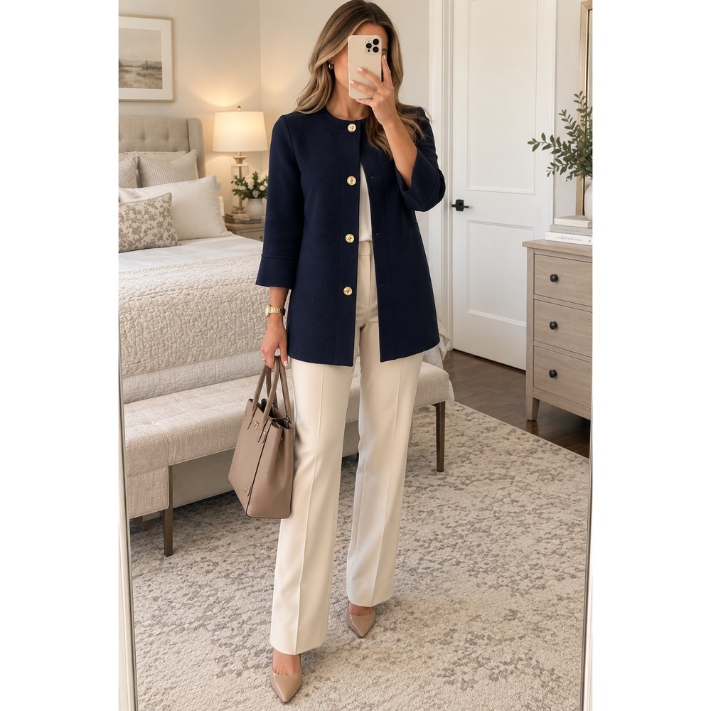 J McLaughlin Navy Sweater Knit Jacket Women's Small Gold Buttons Longline Office